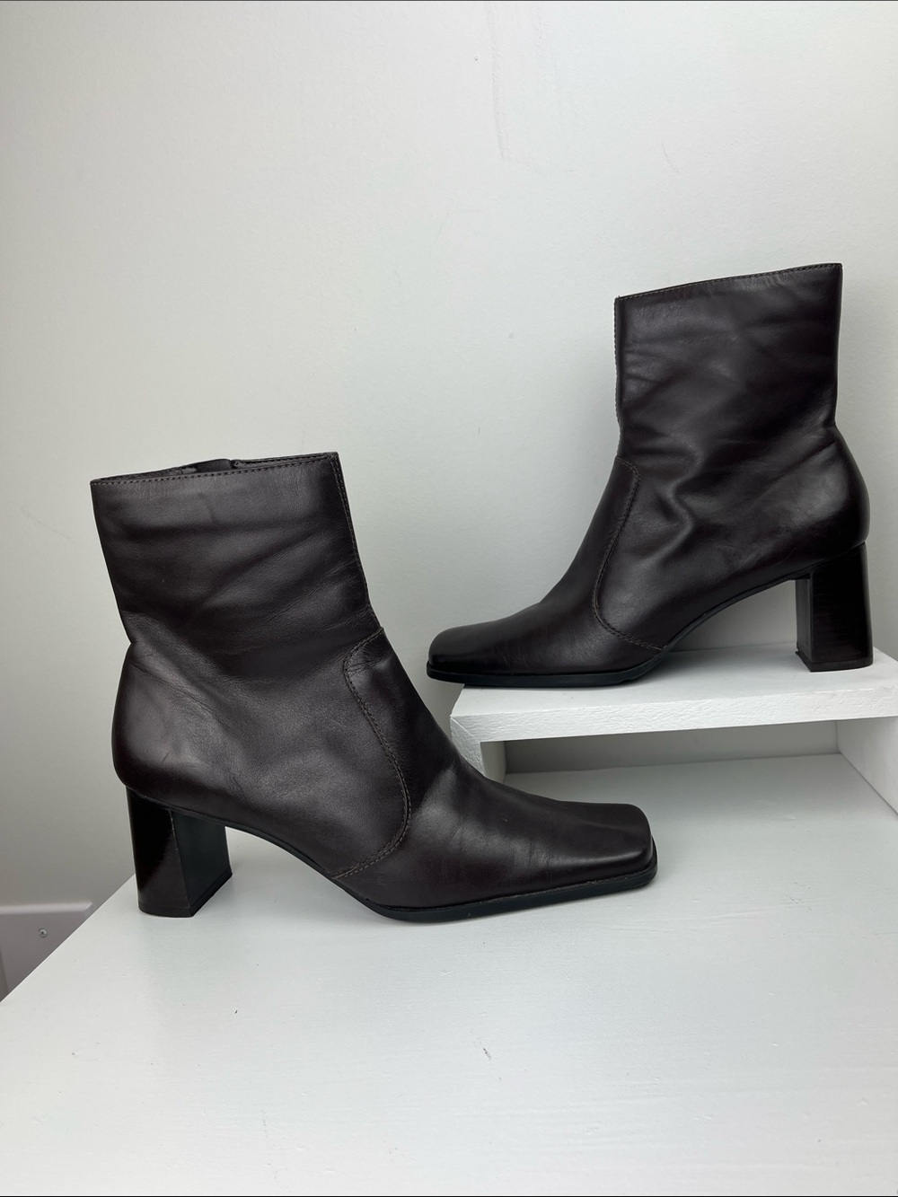Capezio Brown Leather Square-Toe Mid Heel Ankle Boots